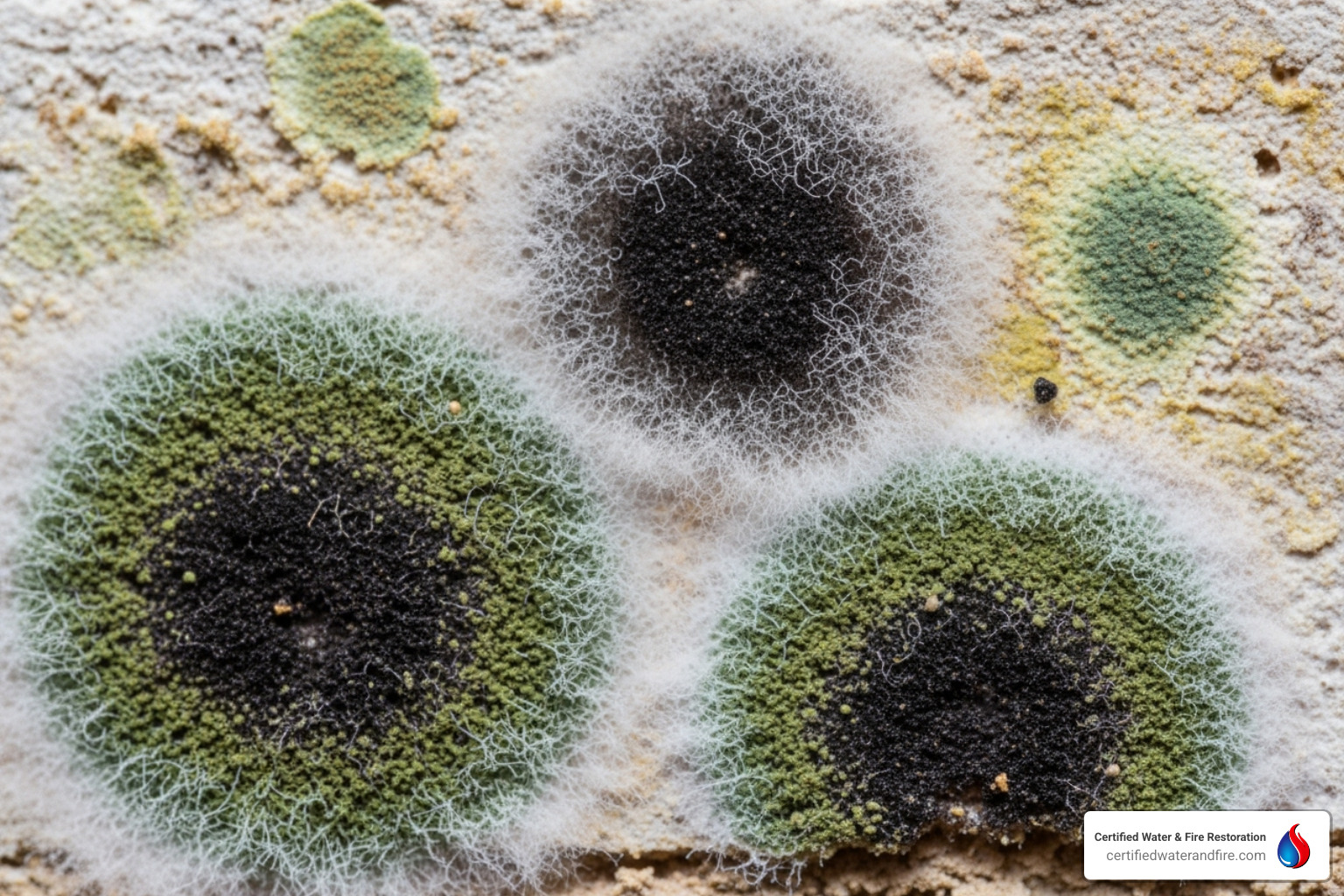 Image showing different types of common household molds, including black, green, and white varieties - black mold Houston