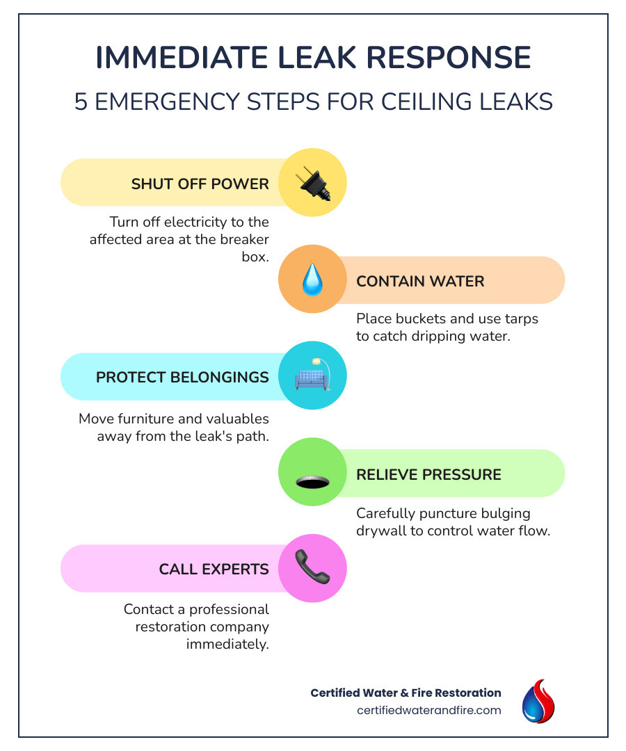 Infographic showing 5 immediate emergency steps when finding a ceiling leak: 1. Turn off electricity to affected area, 2. Place buckets to catch dripping water, 3. Move furniture and belongings to safety, 4. Carefully puncture bulging ceiling to control water flow, 5. Call professional restoration company immediately - roof leak ceiling repair infographic infographic-line-5-steps-colors