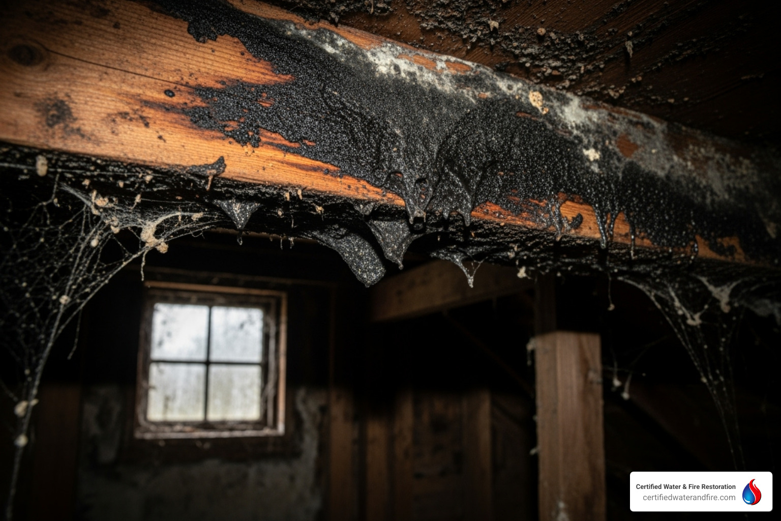black mold growing on water-damaged ceiling joist - roof leak ceiling repair
