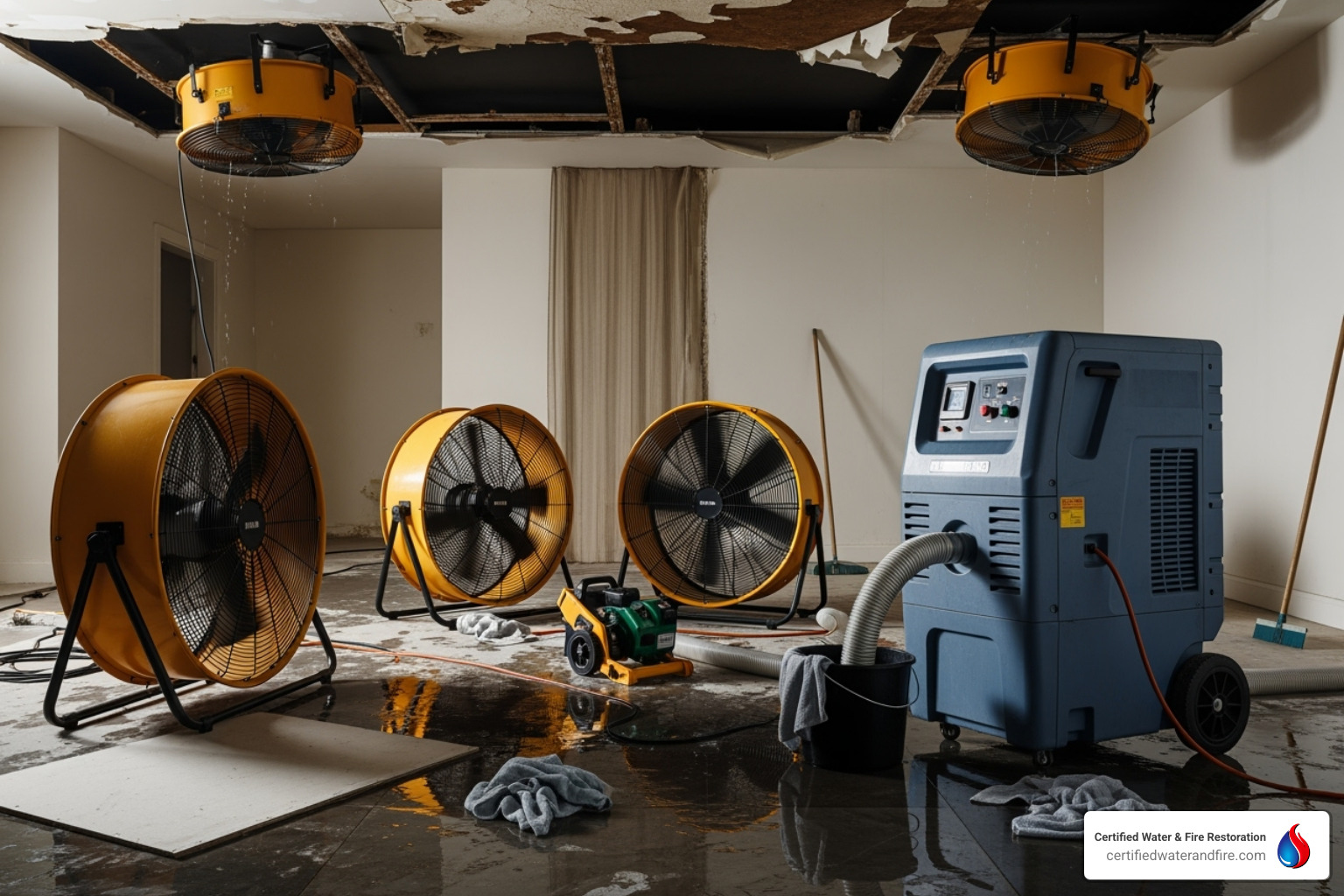 industrial fans and a dehumidifier drying a ceiling - roof leak ceiling repair