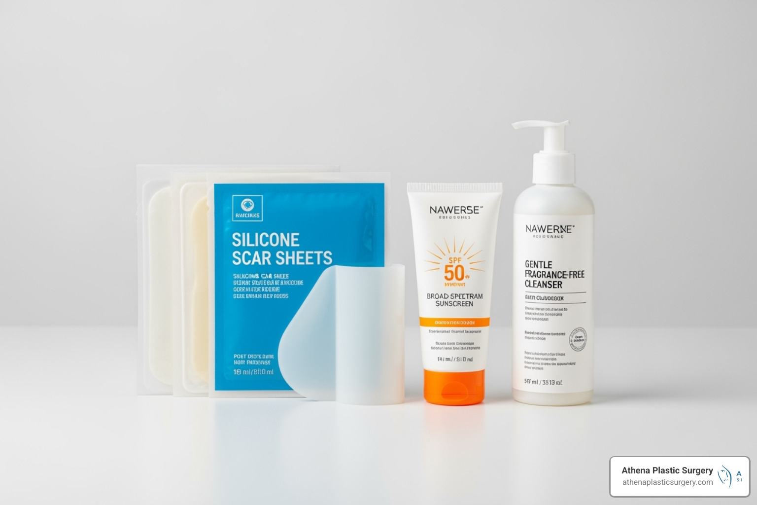image of post-procedure care items like silicone sheets and sunscreen - Leg scar revision
