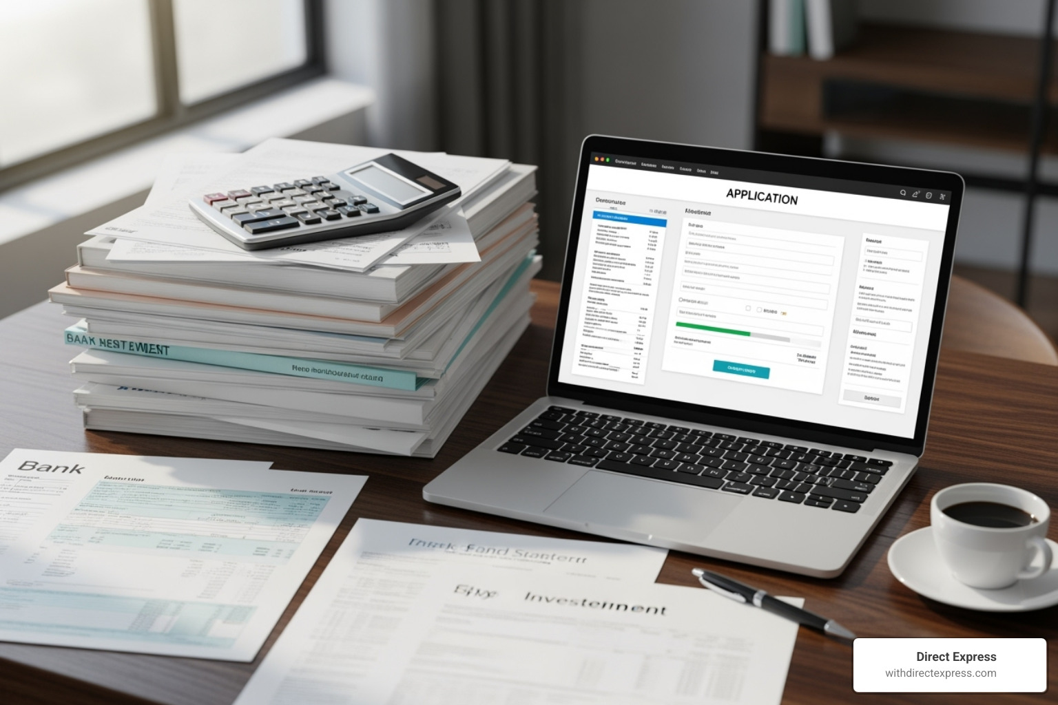 Desk with financial documents, calculator, and laptop showing online application - Pre approval mortgage