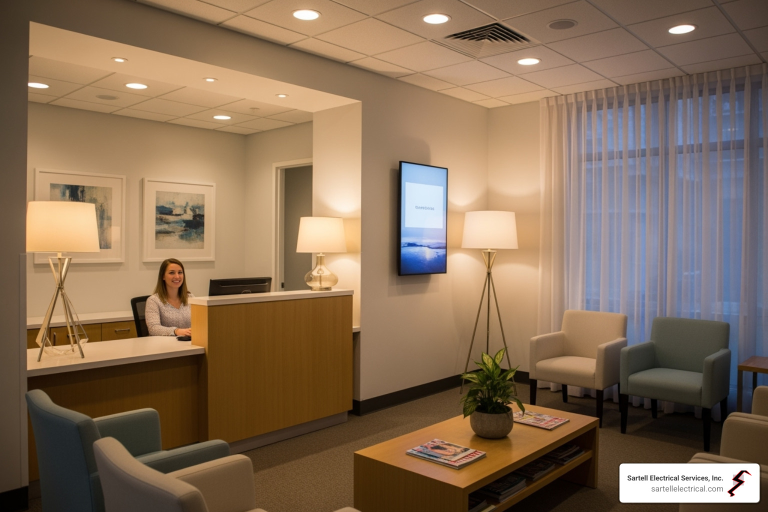 A warm and welcoming dental office reception area with soft lighting - Dental office lighting A warm and welcoming dental office reception area with soft lighting - Dental office lighting