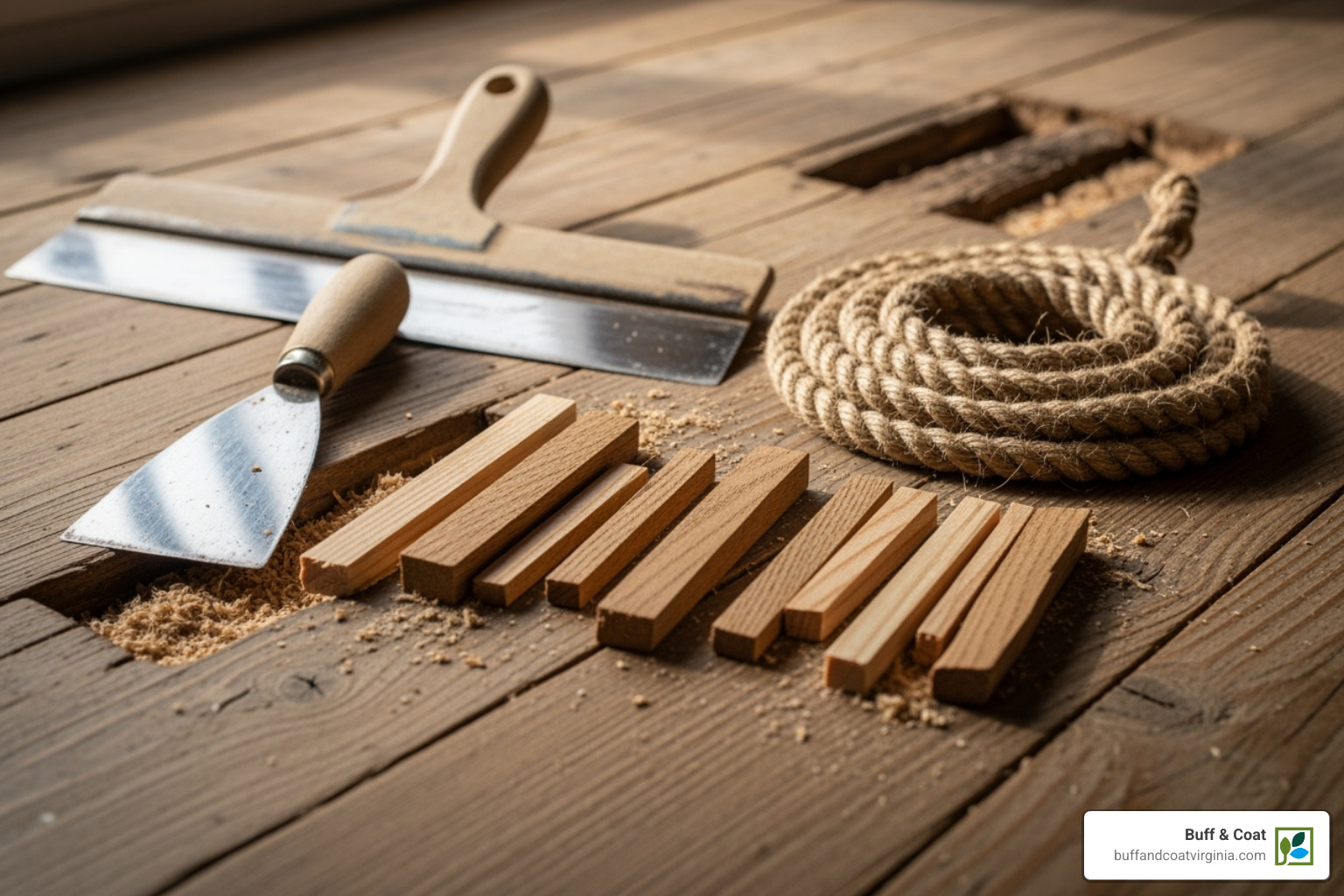 various tools for floor gap repair like a putty knife, rope, and wood slivers - repair wood floor gaps various tools for floor gap repair like a putty knife, rope, and wood slivers - repair wood floor gaps