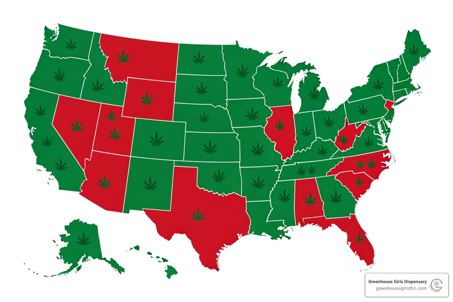 Map of the United States highlighting states with different cannabis laws, showing a patchwork of green and red areas - cannabis analysis