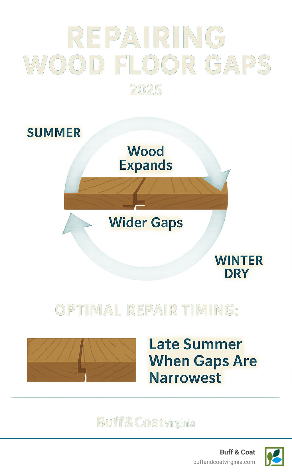 Infographic showing the seasonal cycle of wood floor gap formation: wood expands in humid summer months closing gaps, contracts in dry winter months creating wider gaps, with optimal repair timing marked during late summer when gaps are narrowest - repair wood floor gaps infographic Infographic showing the seasonal cycle of wood floor gap formation: wood expands in humid summer months closing gaps, contracts in dry winter months creating wider gaps, with optimal repair timing marked during late summer when gaps are narrowest - repair wood floor gaps infographic