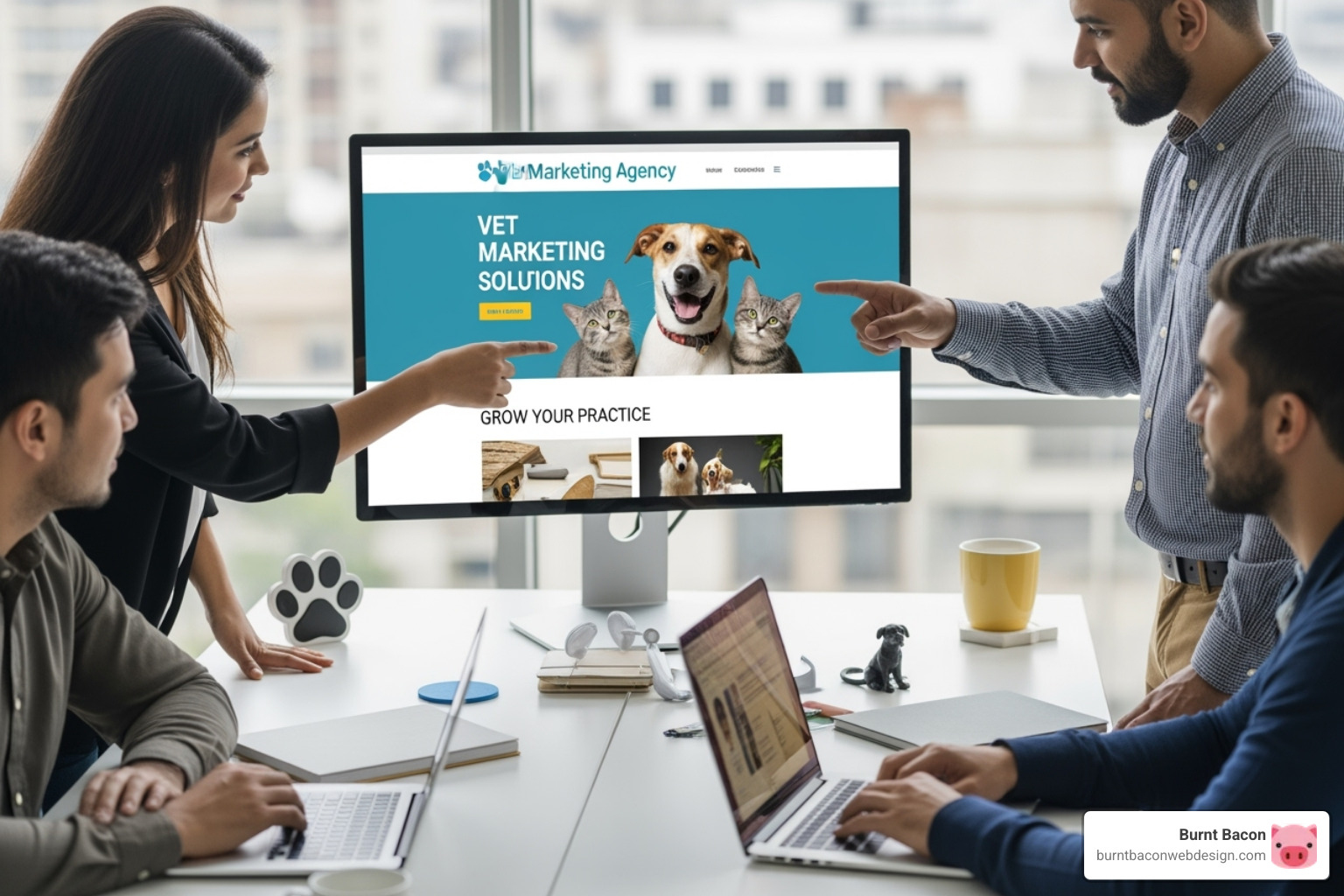 Image of a collage showing a veterinary website on a tablet, a social media feed on a phone, and a Google search results page - vet marketing agency Image of a collage showing a veterinary website on a tablet, a social media feed on a phone, and a Google search results page - vet marketing agency