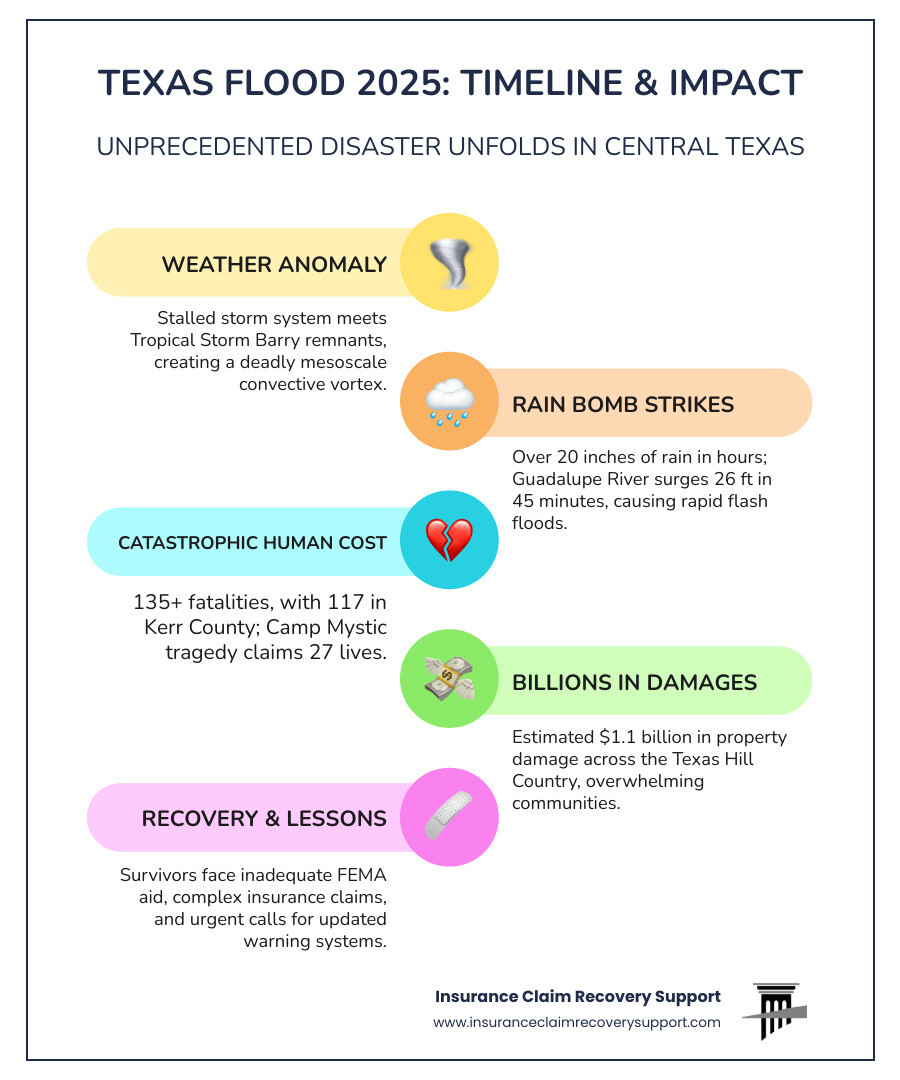 Infographic showing the timeline of the July 2025 Texas flood event, including hourly rainfall totals, river crest levels at key monitoring stations, fatality counts by county, rescue operations timeline, and comparison to previous major Texas flood events with damage estimates - Texas Flood 2025 infographic infographic-line-5-steps-colors