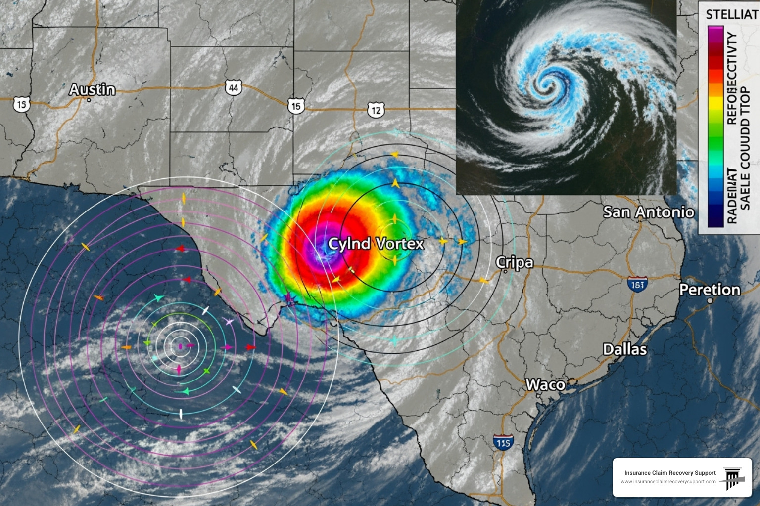 Weather map showing a mesoscale convective vortex over Central Texas - Texas Flood 2025