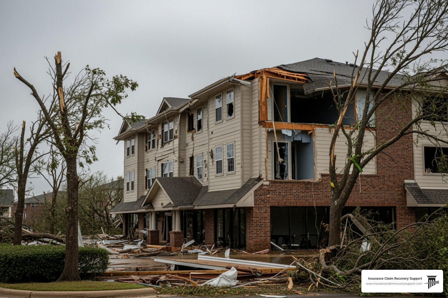 Damaged commercial building or apartment complex in Kerr County - Texas Flood 2025