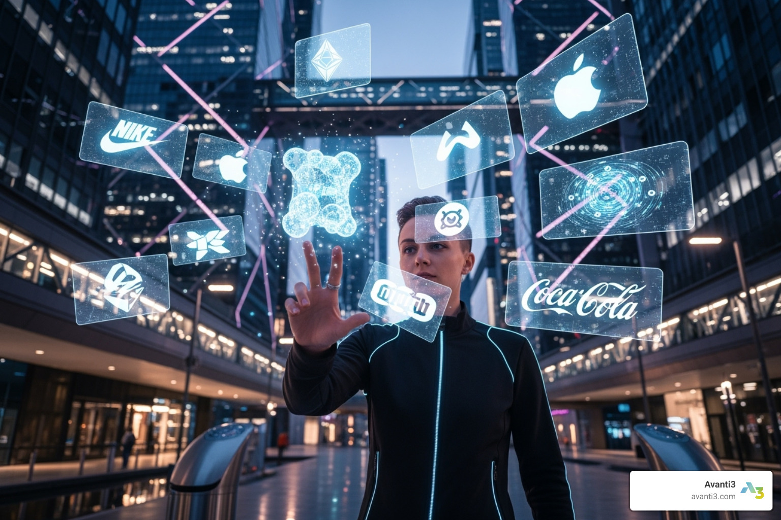 Futuristic concept showing a user interacting with an AR brand experience or an NFT - Brand digital assets