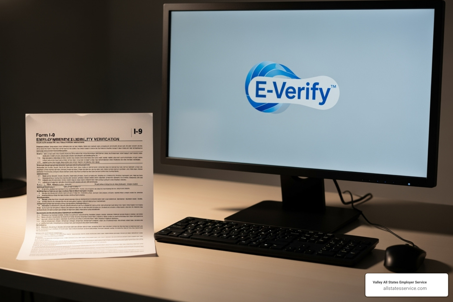 a completed Form I-9 next to a computer screen showing the E-Verify logo - E-Verify temporary workers a completed Form I-9 next to a computer screen showing the E-Verify logo - E-Verify temporary workers