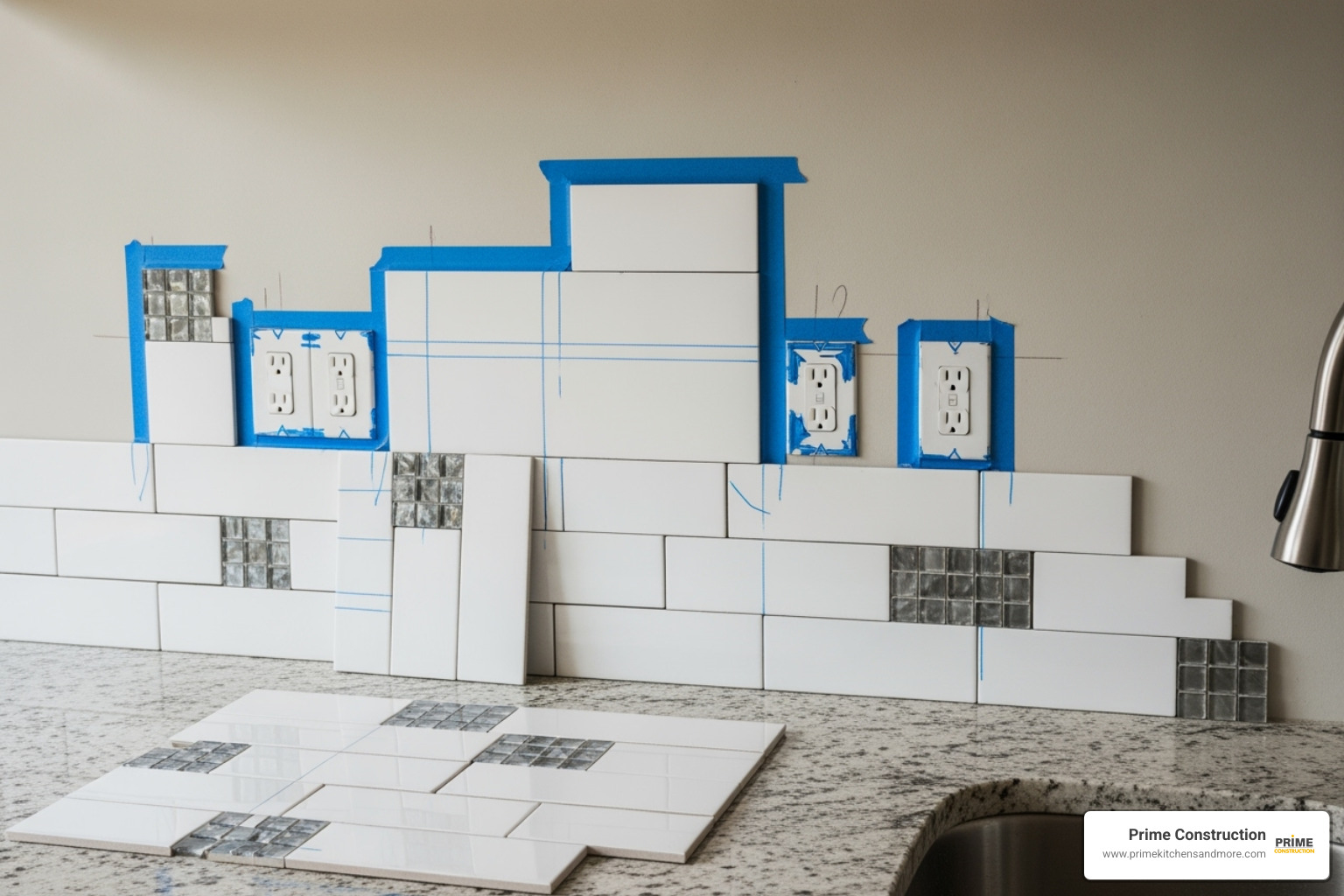 Dry layout of tiles on a kitchen wall, demonstrating planning for outlets and corners - kitchen tile setting