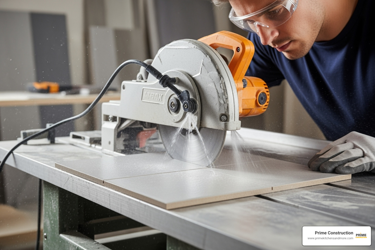 A person using a wet saw to cut a tile, with water spraying for a clean cut - kitchen tile setting