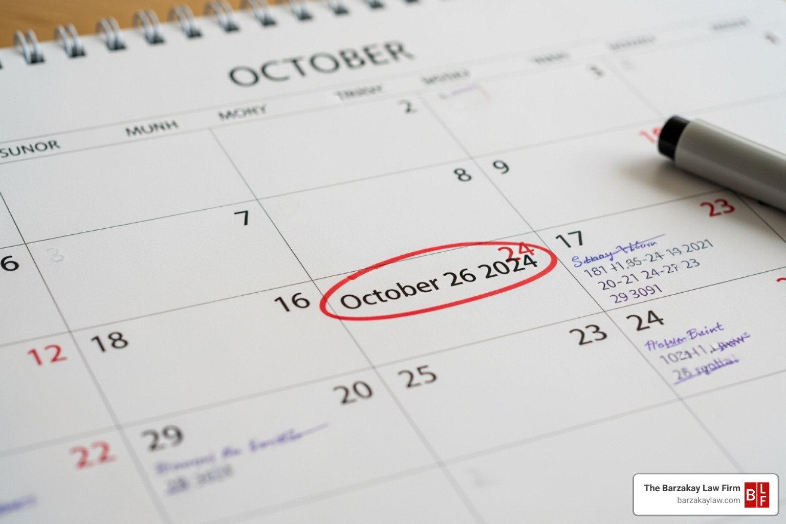 Calendar with a date circled, representing a deadline - slip and fall concussion settlement Calendar with a date circled, representing a deadline - slip and fall concussion settlement