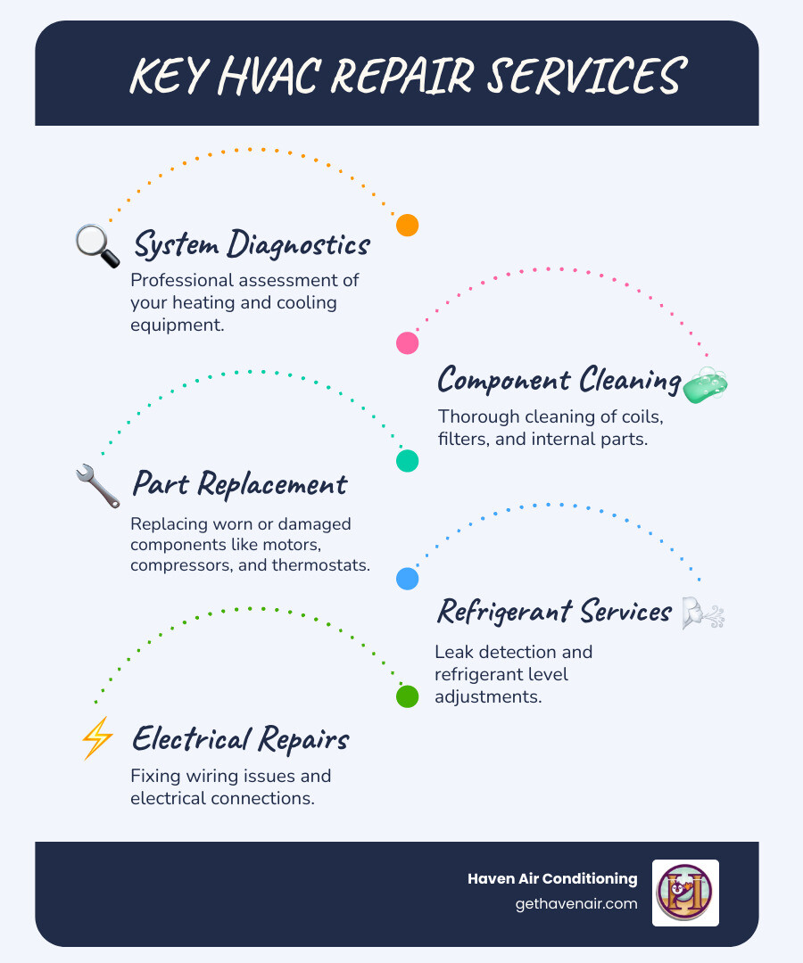 Common HVAC repair services including system diagnostics, cleaning, part replacement, refrigerant services, and electrical repairs with typical service steps - heating and air conditioner repair infographic infographic-line-5-steps-blues-accent_colors