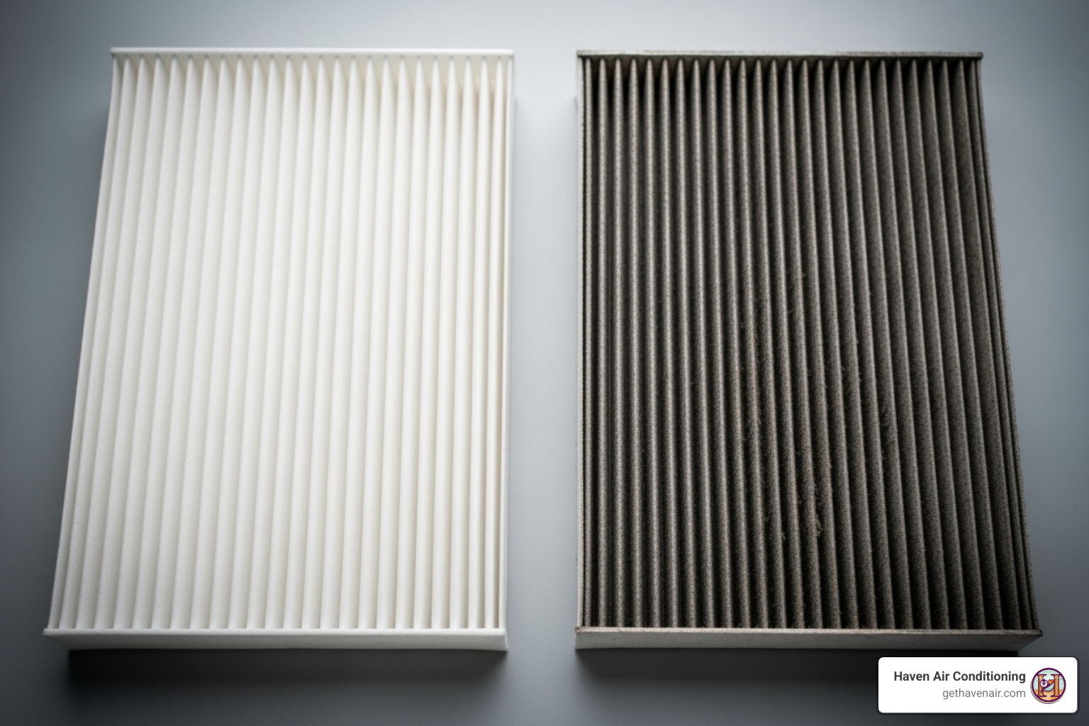 A stark comparison showing a clean, white air filter next to a heavily soiled, dark air filter, highlighting the importance of regular replacement - heating and air conditioner repair