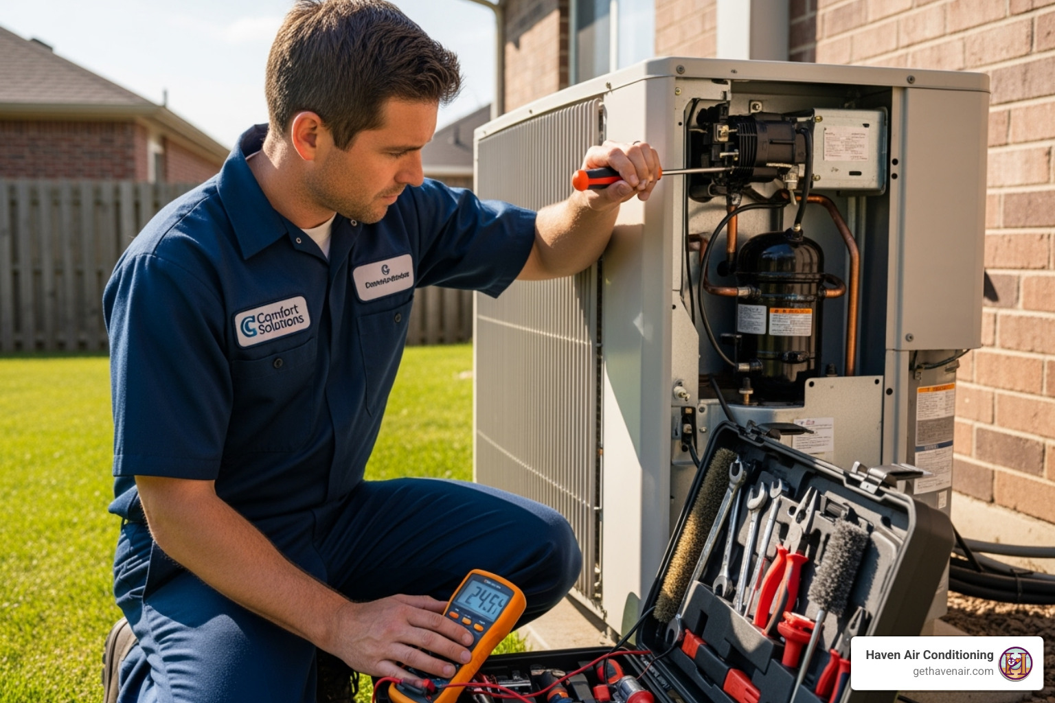 A professional HVAC technician carefully working on an outdoor air conditioning unit, ensuring proper function and repair - heating and air conditioner repair