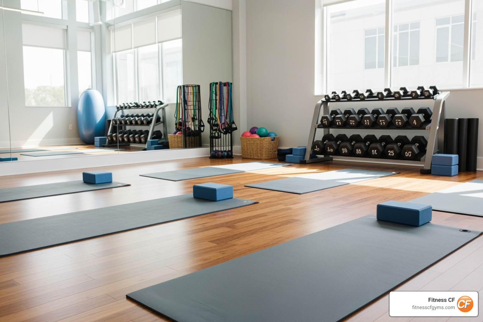 A clean and professional gym studio space with exercise mats and light equipment - group fitness classes
