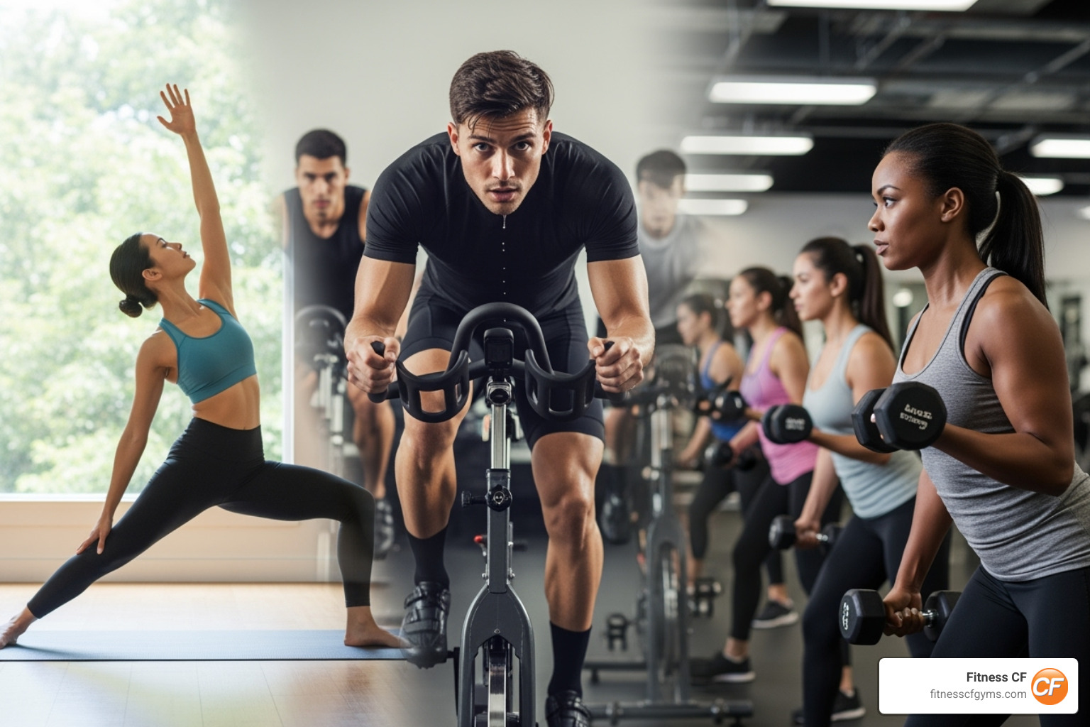 A collage showing different class types: a person in a yoga pose, a person on a spin bike, and someone lifting weights in a class setting - group fitness classes
