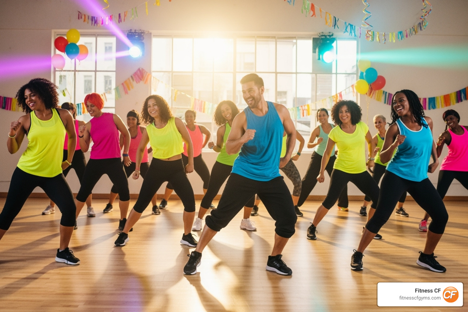 A social media post for a special themed Zumba class with people dancing - group fitness classes