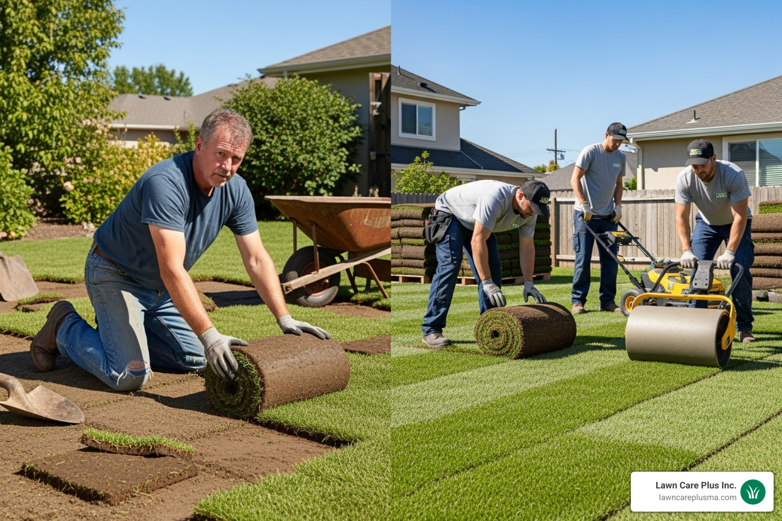 homeowner attempting a DIY sod installation alongside a professional team working - lawn installation price homeowner attempting a DIY sod installation alongside a professional team working - lawn installation price