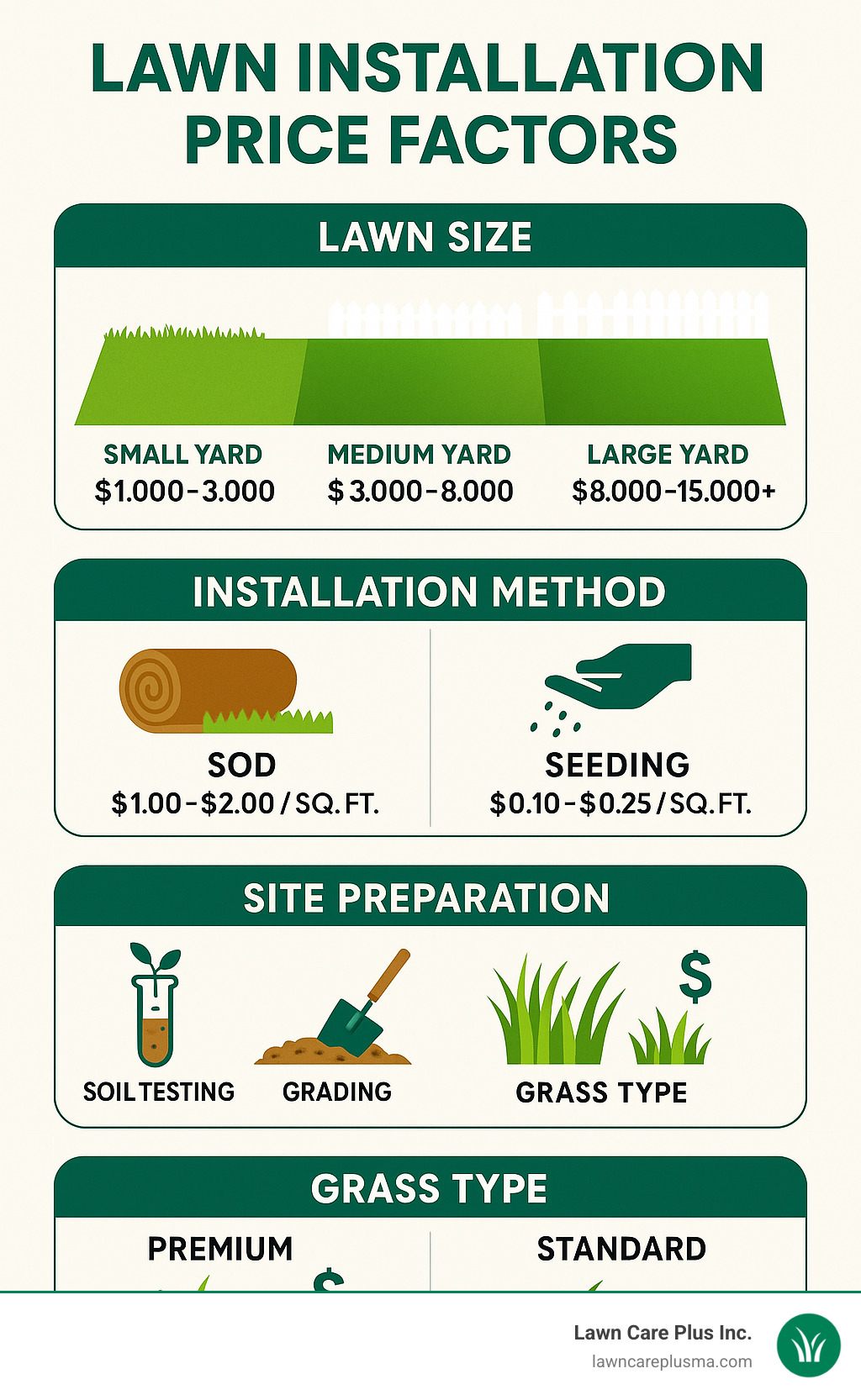 Comprehensive infographic showing lawn installation price factors: a visual breakdown displaying four main cost categories - Lawn Size (small yard $1,000-3,000, medium yard $3,000-9,000, large yard $8,000-25,000+), Installation Method (sod vs seeding comparison with cost per square foot), Site Preparation requirements (soil testing, grading, old lawn removal), and Grass Type options (premium vs standard varieties with price differences), all based on average internet data - lawn installation price infographic Comprehensive infographic showing lawn installation price factors: a visual breakdown displaying four main cost categories - Lawn Size (small yard $1,000-3,000, medium yard $3,000-9,000, large yard $8,000-25,000+), Installation Method (sod vs seeding comparison with cost per square foot), Site Preparation requirements (soil testing, grading, old lawn removal), and Grass Type options (premium vs standard varieties with price differences), all based on average internet data - lawn installation price infographic
