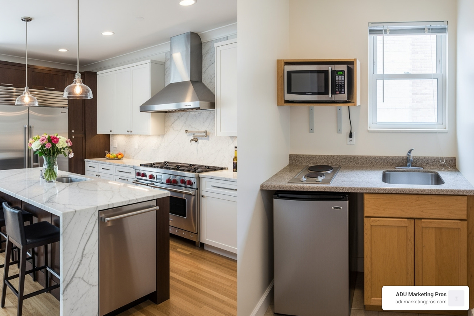 split-screen image showing a fully equipped ADU kitchen on one side and a simple guest house kitchenette on the other - Guest house ADU