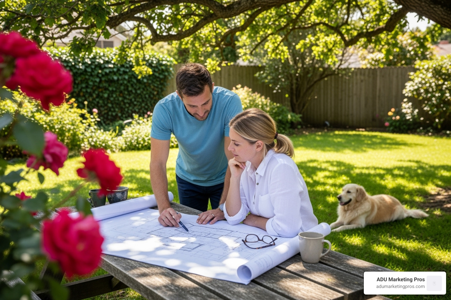 couple reviewing architectural plans in their backyard - Guest house ADU