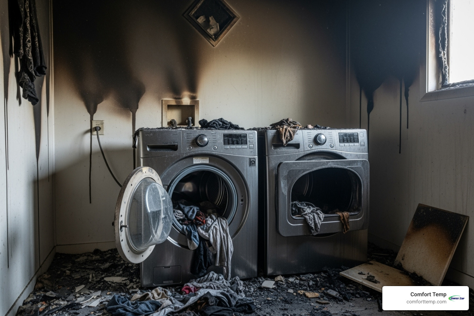 Image of a charred laundry area to emphasize fire risk - dryer duct cleaning service Image of a charred laundry area to emphasize fire risk - dryer duct cleaning service