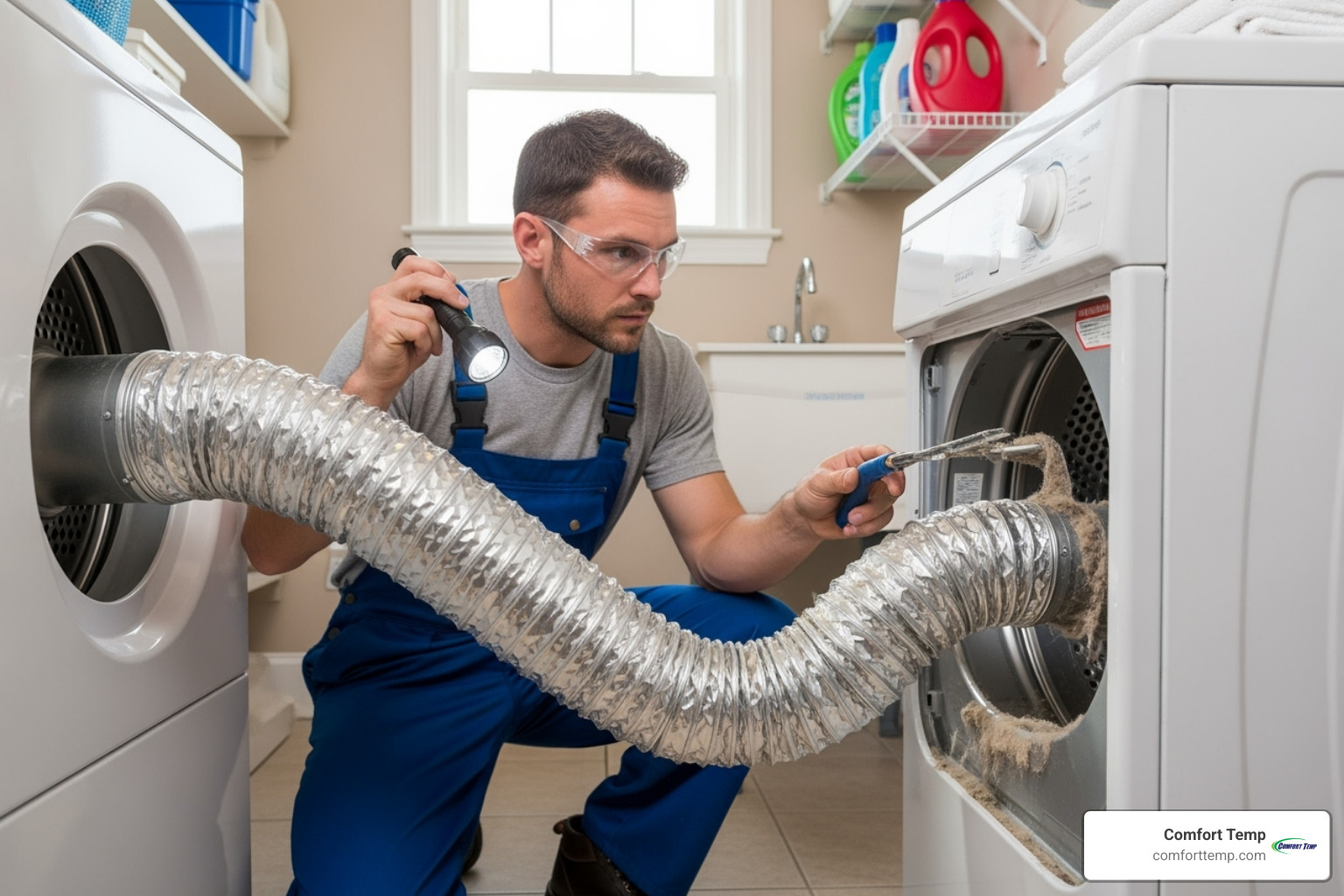 Image of a service technician inspecting a dryer vent - dryer duct cleaning service Image of a service technician inspecting a dryer vent - dryer duct cleaning service