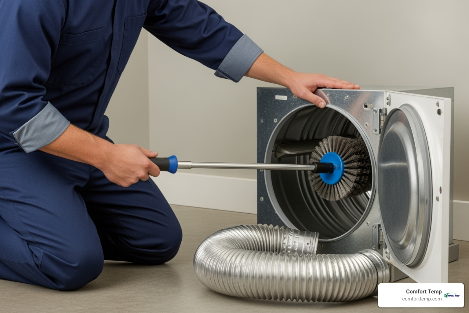 Image of a technician using a specialized brush tool inside a dryer duct - dryer duct cleaning service Image of a technician using a specialized brush tool inside a dryer duct - dryer duct cleaning service