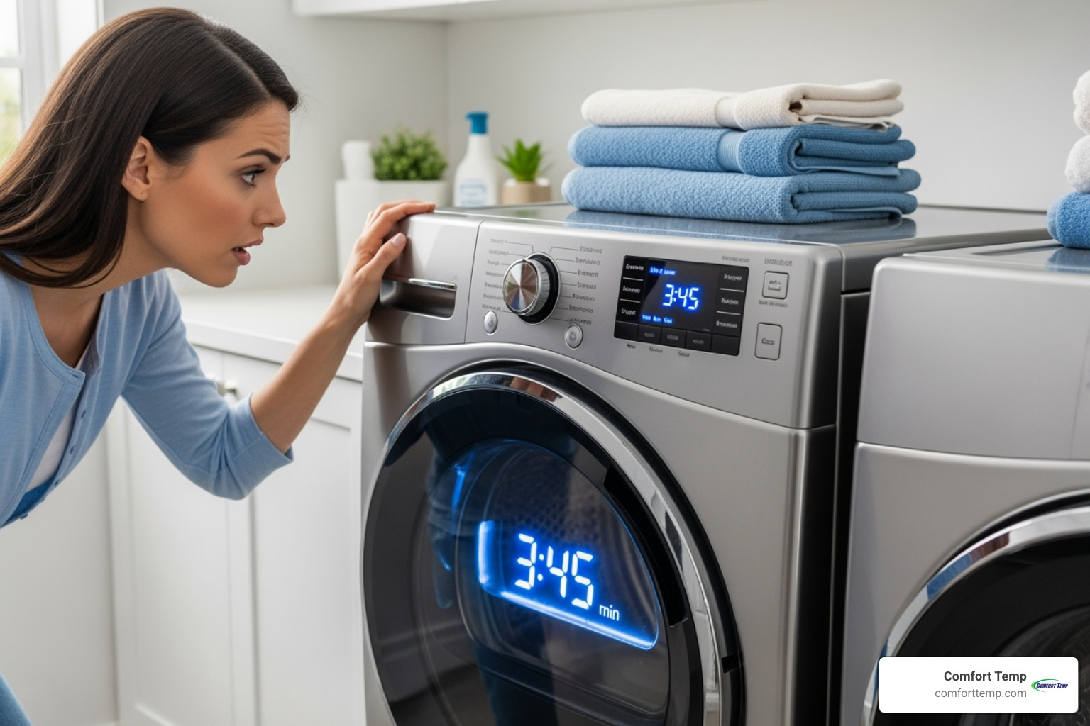 Image of a homeowner looking at a dryer display showing a long cycle time - dryer duct cleaning service Image of a homeowner looking at a dryer display showing a long cycle time - dryer duct cleaning service