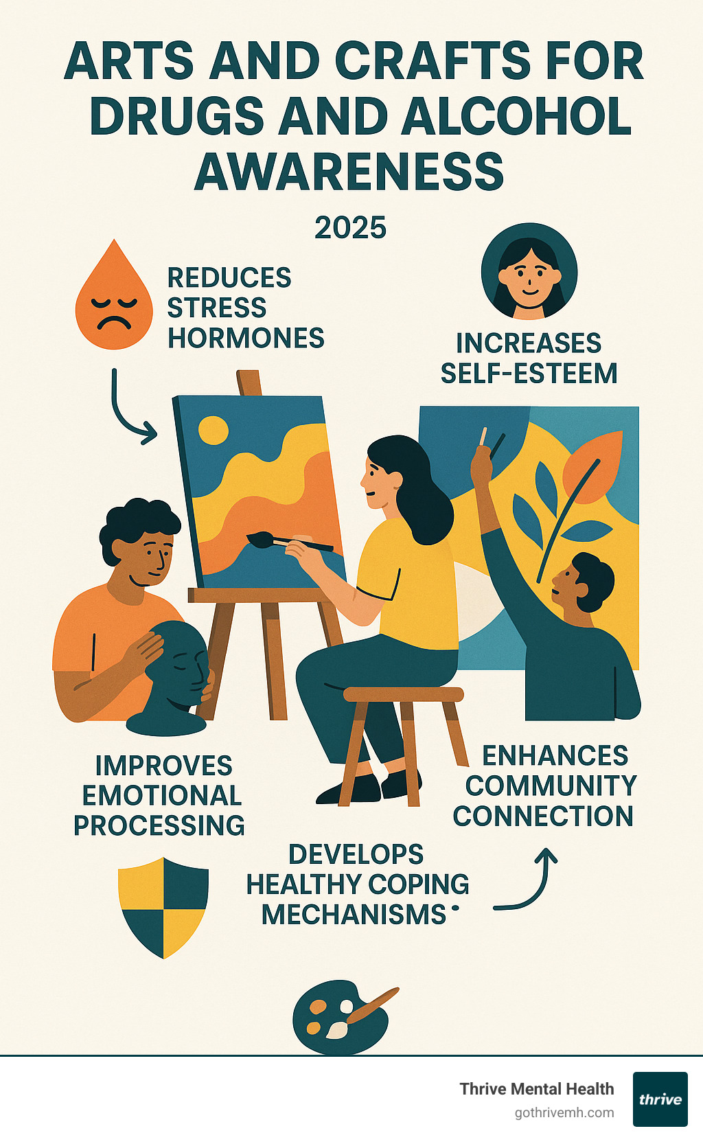 Infographic showing the psychological benefits of creative activities including stress hormone reduction, increased self-esteem, improved emotional processing, improved community connection, and development of healthy coping mechanisms through various art forms like painting, sculpture, and collaborative murals - arts and crafts for drugs and alcohol awareness infographic 
