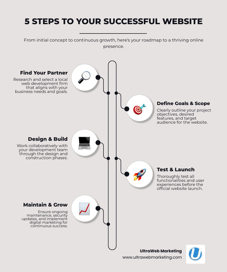 Infographic showing the 5 key steps to launching a new business website: 1) Research and choose a local web development firm, 2) Define project scope and goals with clear communication, 3) Design and development phase with regular check-ins, 4) Testing and optimization before launch, 5) Ongoing maintenance and digital marketing support - web development firms near me infographic infographic-line-5-steps-neat_beige Infographic showing the 5 key steps to launching a new business website: 1) Research and choose a local web development firm, 2) Define project scope and goals with clear communication, 3) Design and development phase with regular check-ins, 4) Testing and optimization before launch, 5) Ongoing maintenance and digital marketing support - web development firms near me infographic infographic-line-5-steps-neat_beige