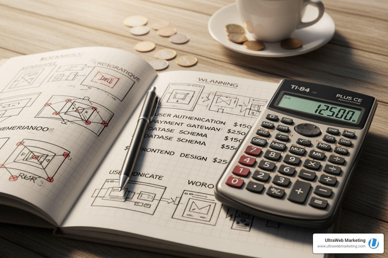 A calculator and a notepad with website feature ideas, symbolizing the financial planning for a web development project - web development firms near me A calculator and a notepad with website feature ideas, symbolizing the financial planning for a web development project - web development firms near me