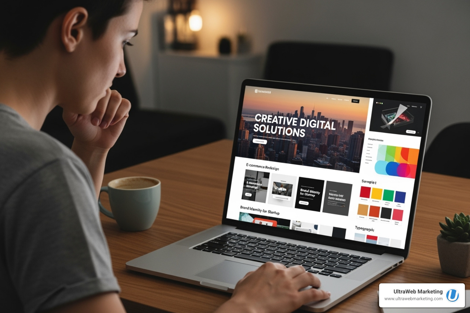 A person looking at a web design portfolio on a laptop, indicating the importance of reviewing past work - web development firms near me A person looking at a web design portfolio on a laptop, indicating the importance of reviewing past work - web development firms near me