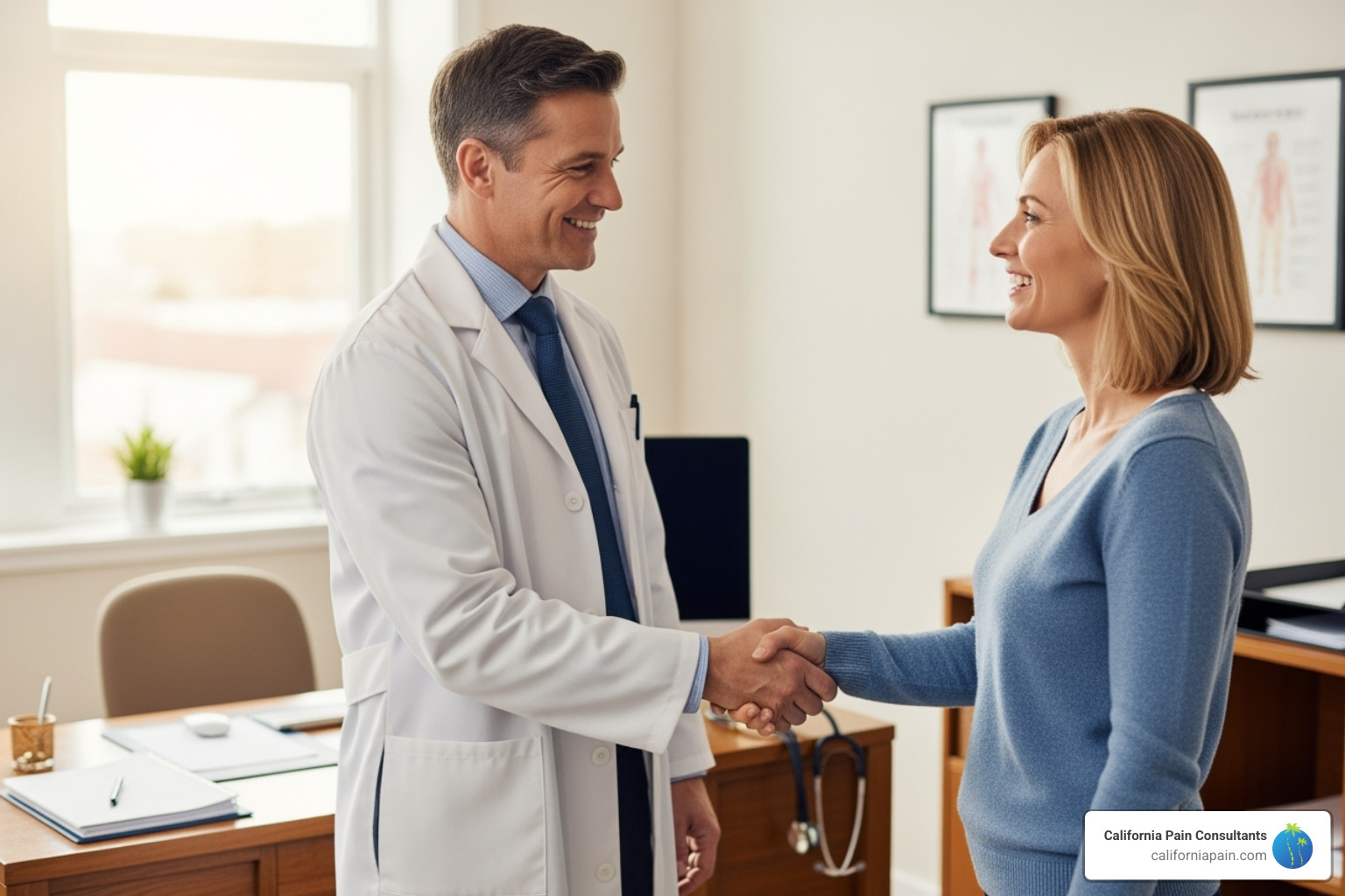 patient and doctor shaking hands with a warm smile - Compassionate pain management
