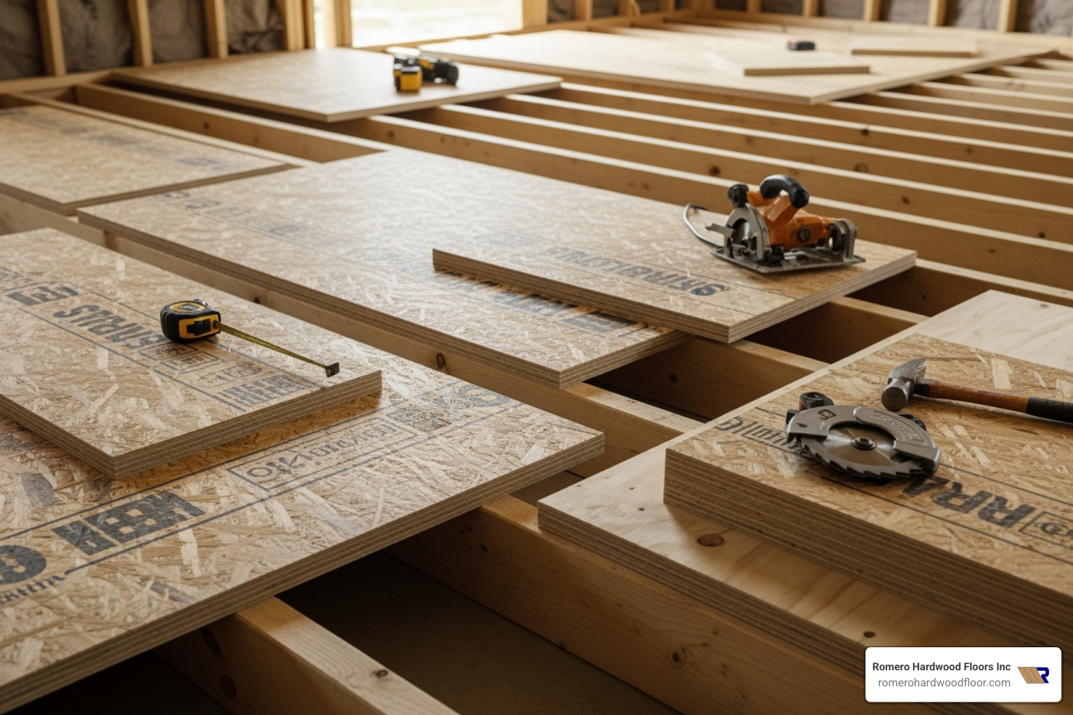 different subfloor materials like OSB and plywood, ready for installation - Adhesive for subfloor