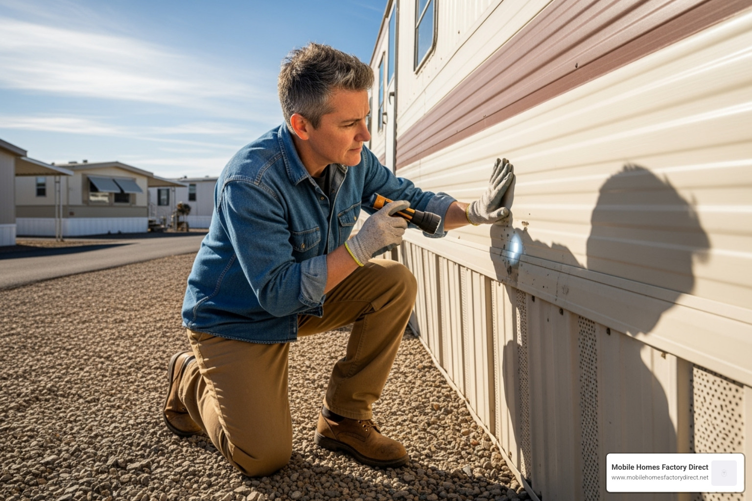 person inspecting exterior of a mobile home - foreclosed mobile homes