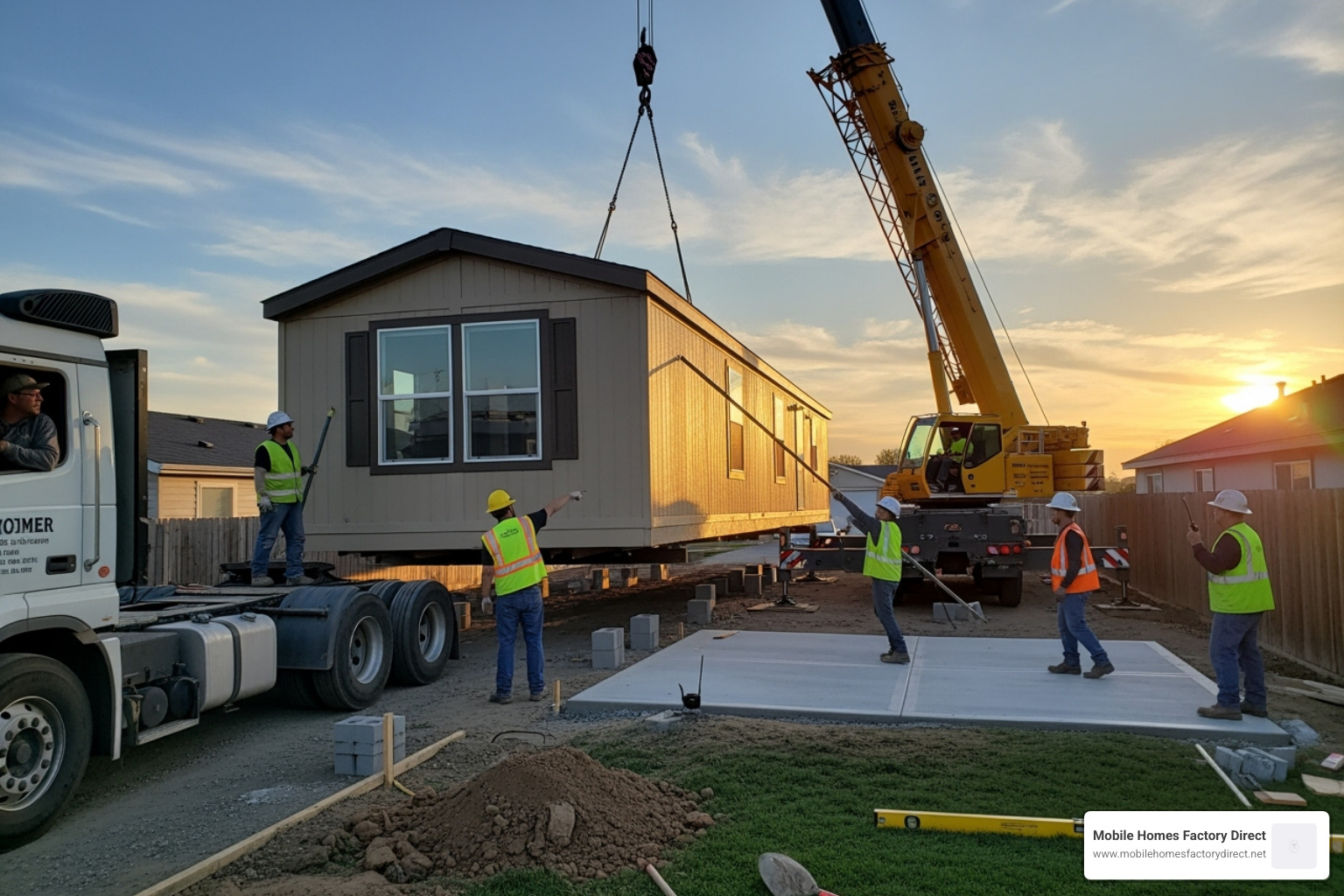 mobile home being set up on a lot - foreclosed mobile homes