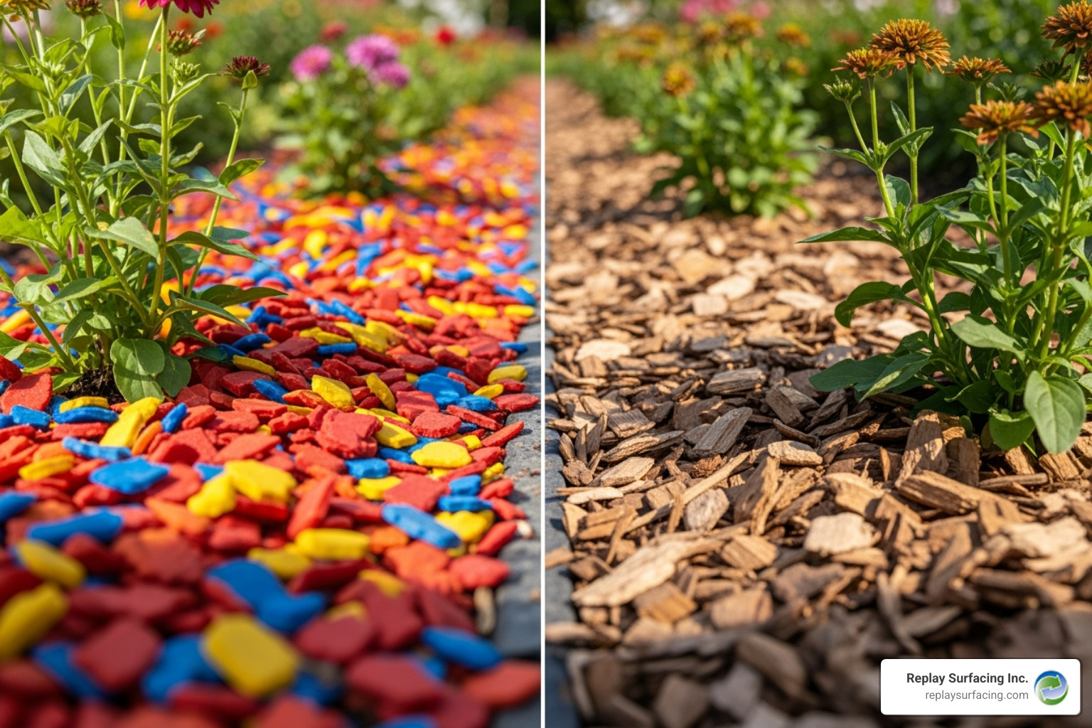 A split-screen image showing a vibrant rubber mulch garden bed on one side and a traditional wood chip bed on the other, highlighting the visual differences - rubber ground cover