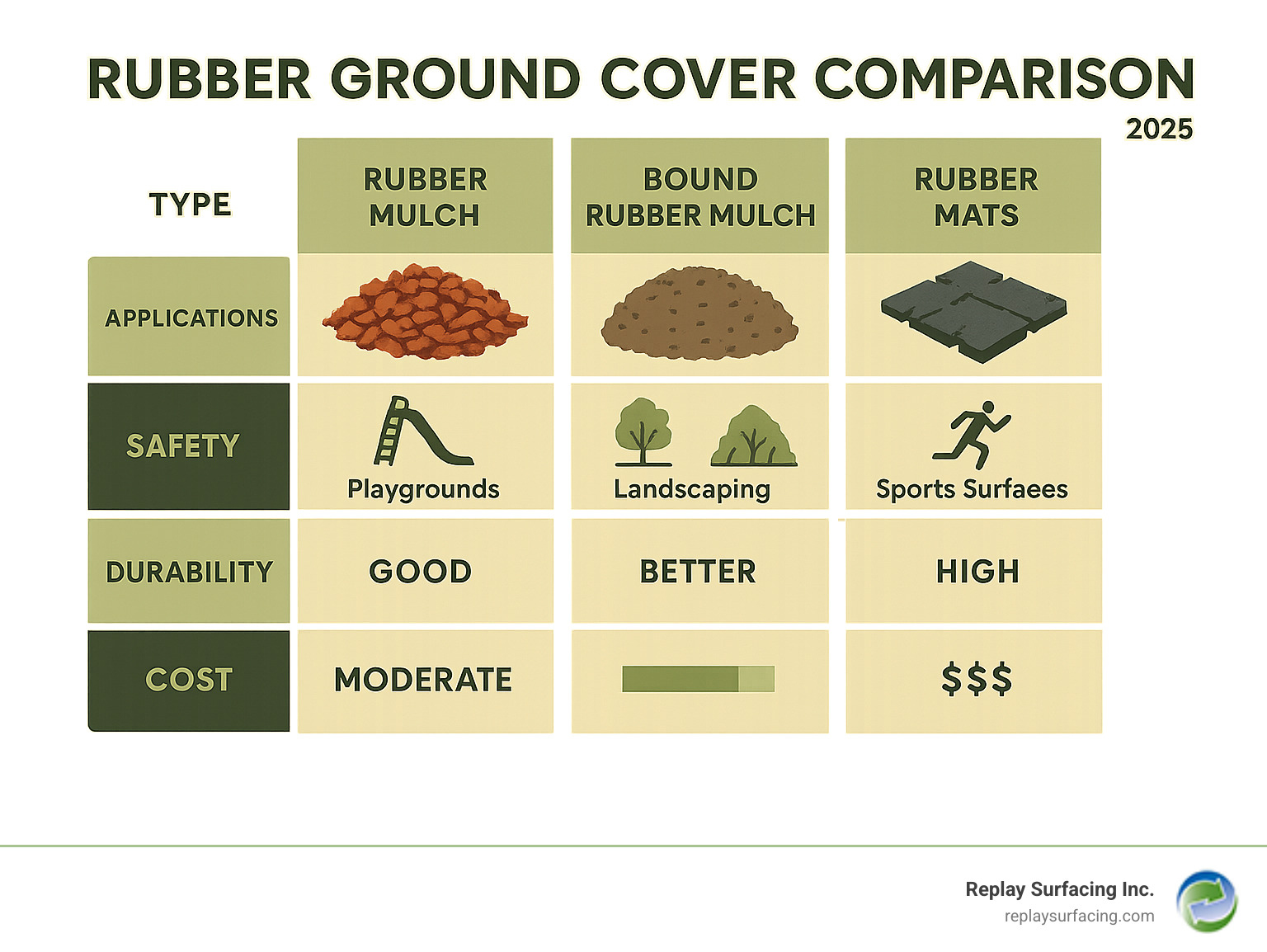 Comprehensive comparison chart showing rubber ground cover types, applications, safety ratings, durability metrics, and cost analysis for playground, landscaping, and sports surface applications - rubber ground cover infographic 