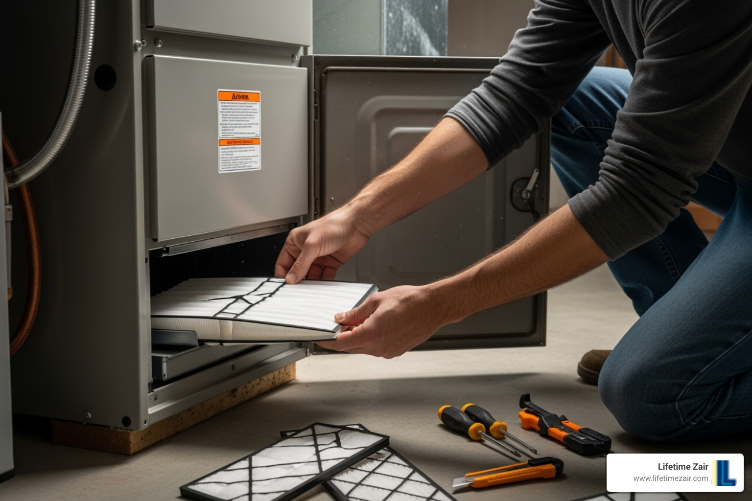 homeowner changing furnace filter - furnace repair lantana tx