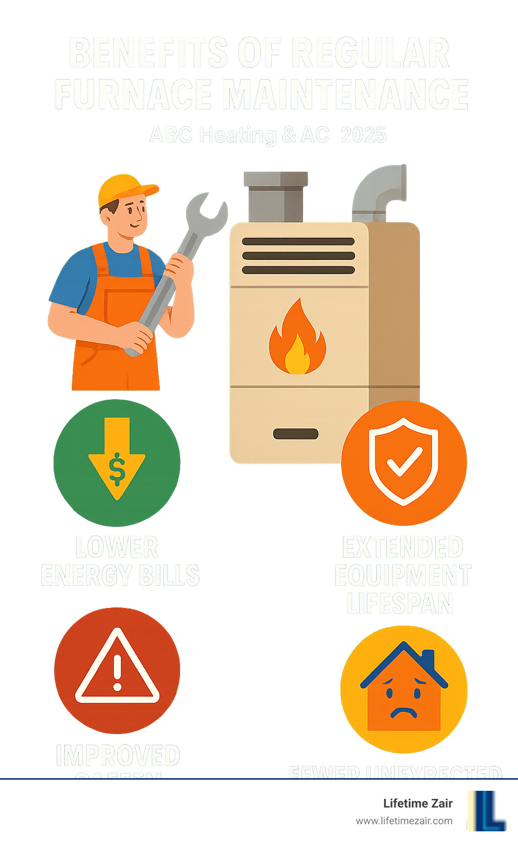 Infographic showing the benefits of regular furnace maintenance: lower energy bills, extended equipment lifespan, improved safety, and fewer unexpected breakdowns - furnace repair lantana tx infographic 