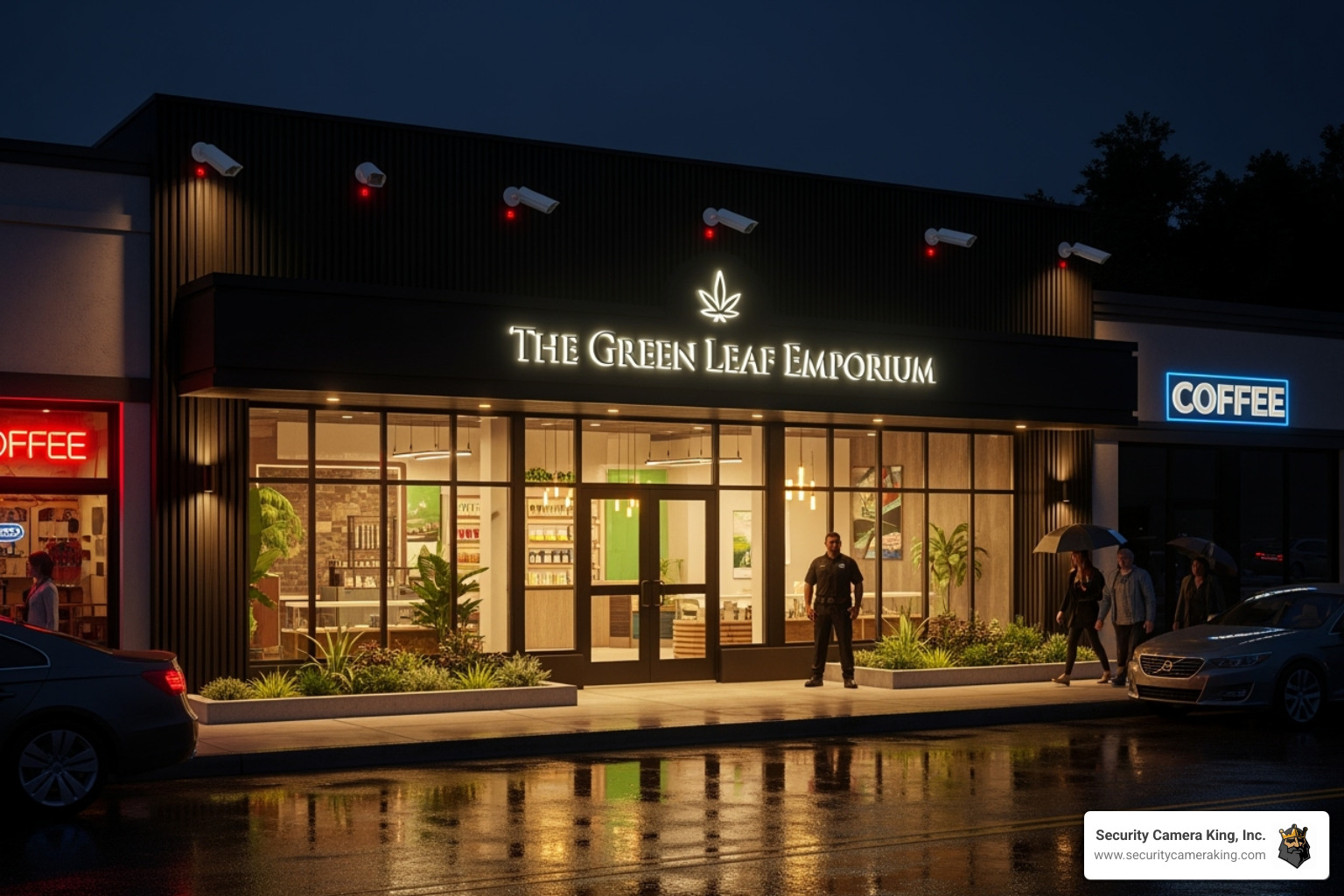 well-lit dispensary exterior with visible security cameras - Stop cannabis theft