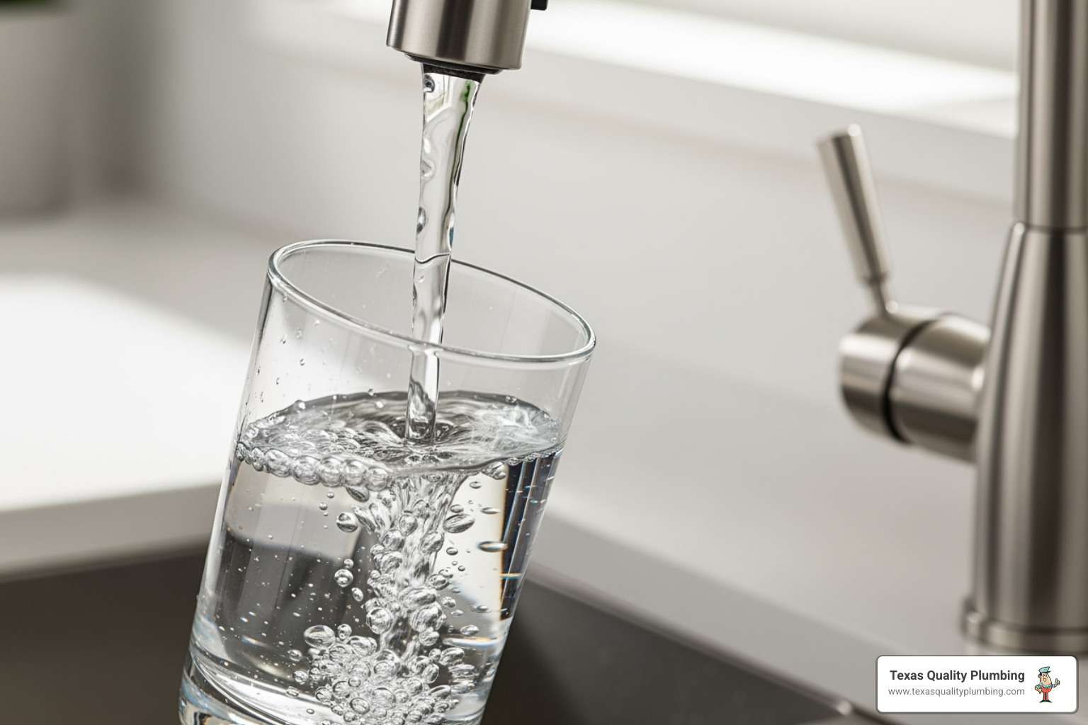 a glass of clean, clear water being poured from a kitchen faucet - repipe specialists houston tx