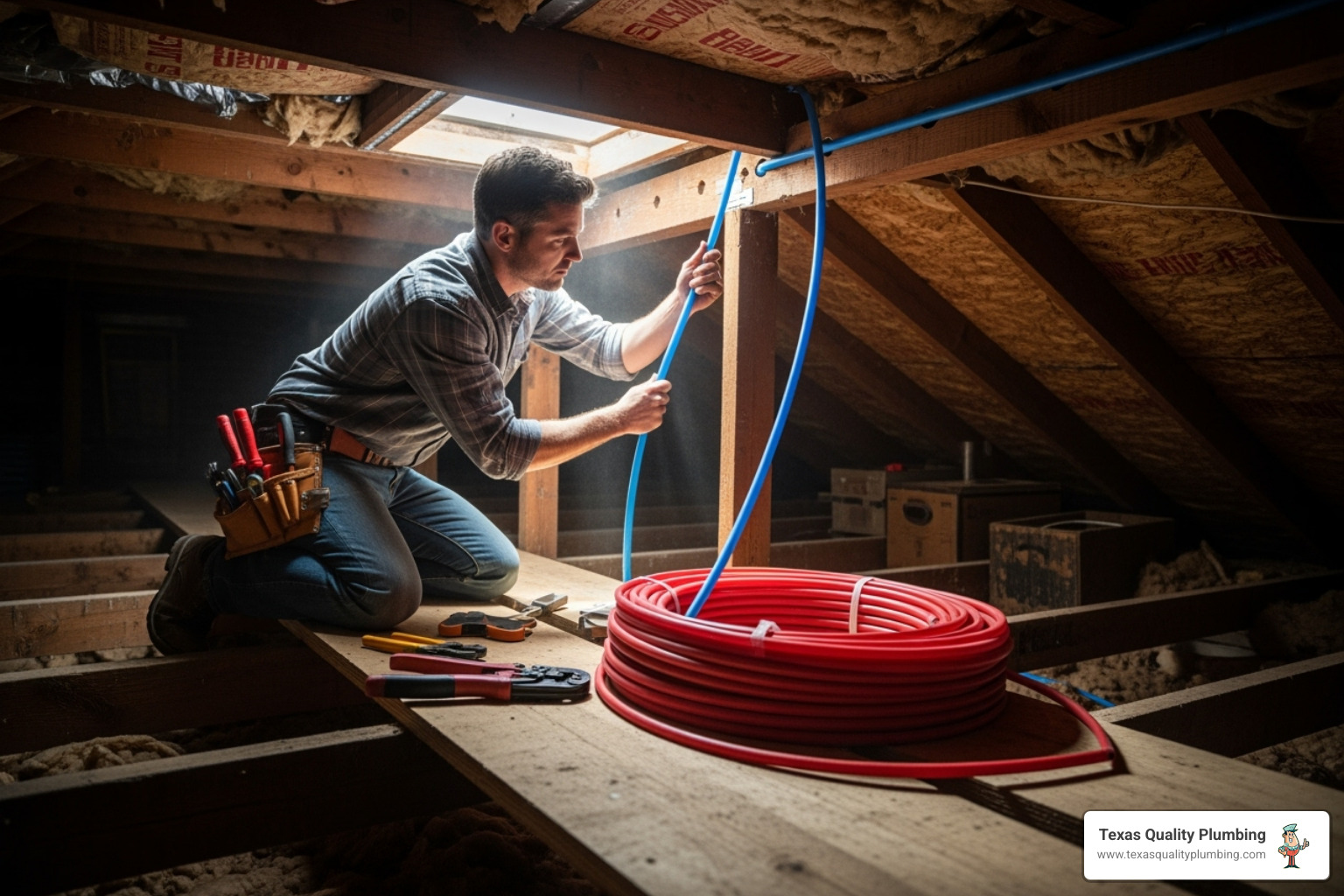 a plumber carefully installing flexible PEX piping through an attic space - repipe specialists houston tx