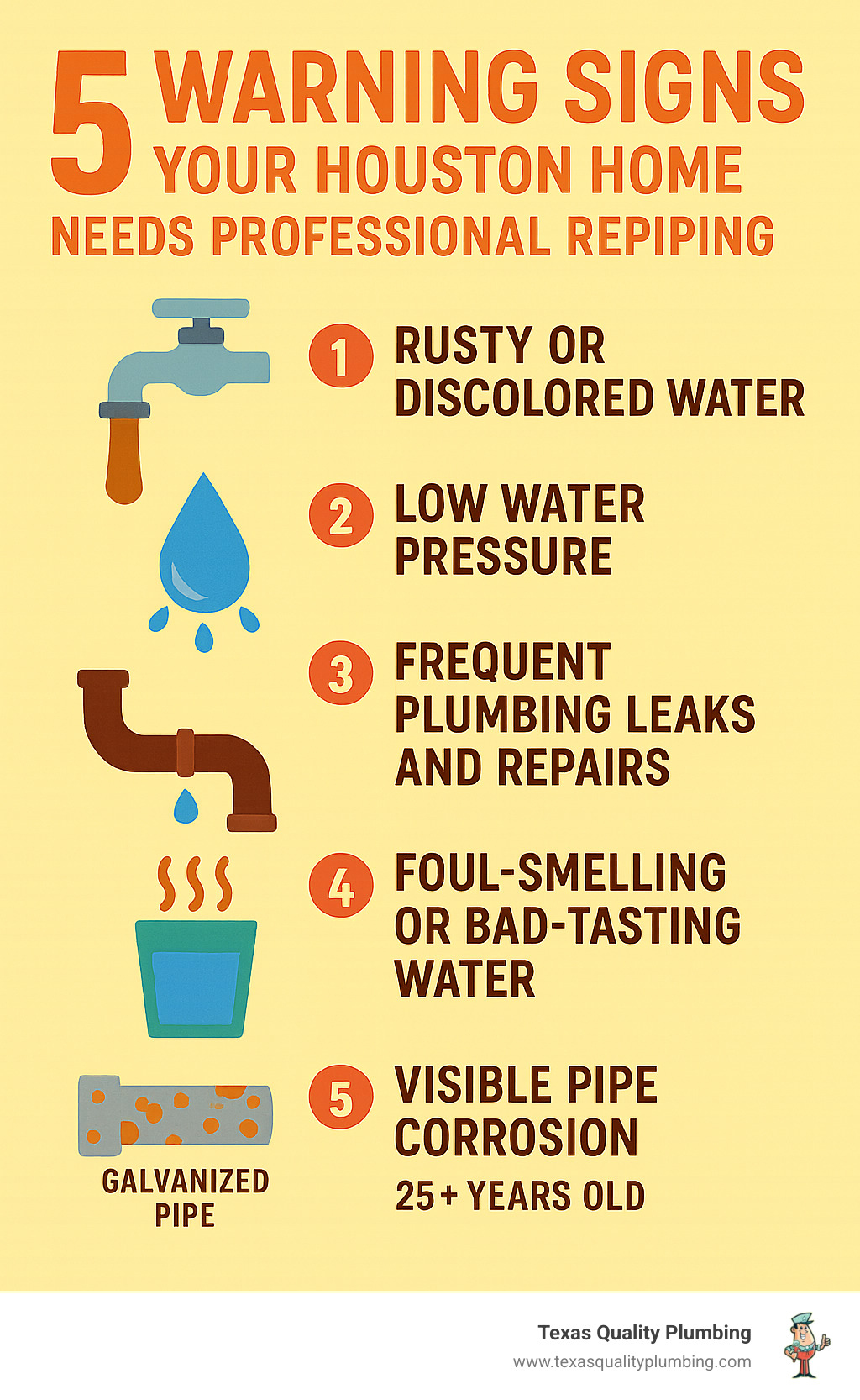 Infographic showing the top 5 warning signs your Houston home needs professional repiping: rusty or discolored water from faucets, low water pressure throughout the house, frequent plumbing leaks and repairs, foul-smelling or bad-tasting water, and visible pipe corrosion or aging galvanized pipes over 25 years old - repipe specialists houston tx infographic 
