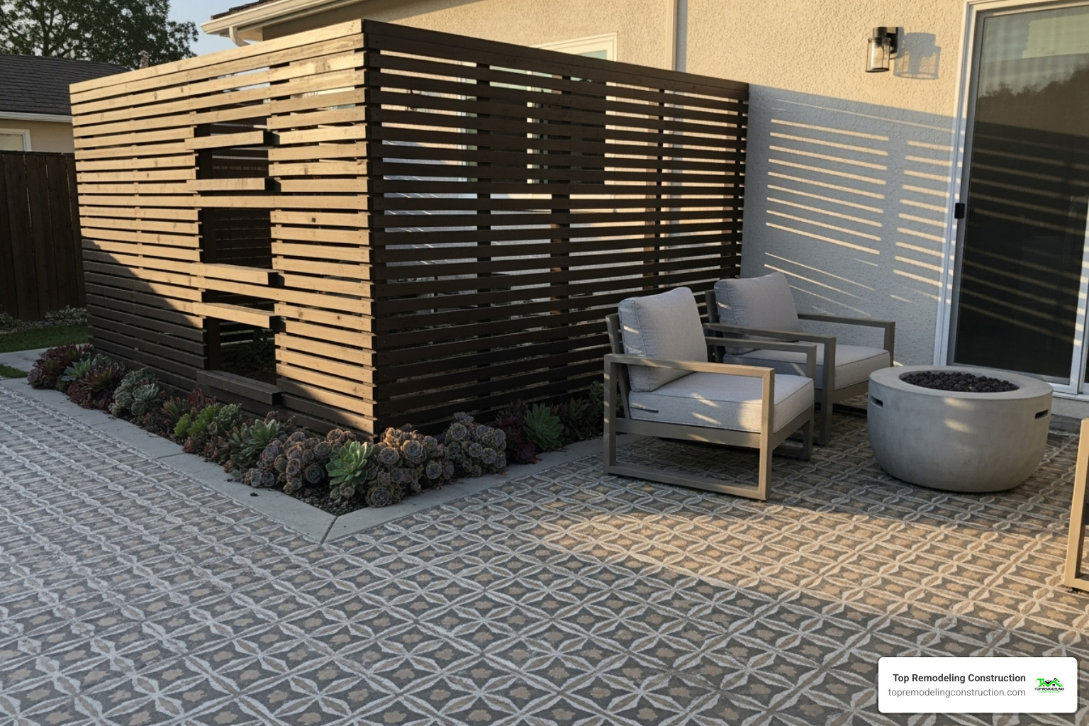 a patio with a unique stenciled floor and a stylish privacy screen - decoration ideas for outdoor patios a patio with a unique stenciled floor and a stylish privacy screen - decoration ideas for outdoor patios